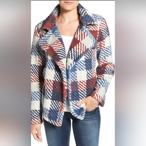 Vince Camuto Plaid Fleece Jacket Size L Shacket Open Front Cozy Red Blue Pockets - Picture 1 of 14